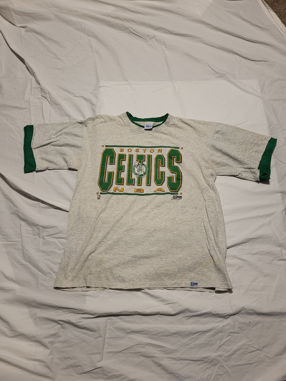 Vintage 1991 Boston Celtics Salem Sportswear Ringer T-Shirt Grey XL SingleStitch